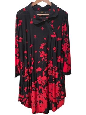R & B Collection Black Red Floral Long Sleeve Swing Dress 1XL Office Event Flowy